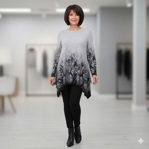 Orange Fashion Village Grey Black Forrest Trees Womens L  / XL Knit Tunic Top